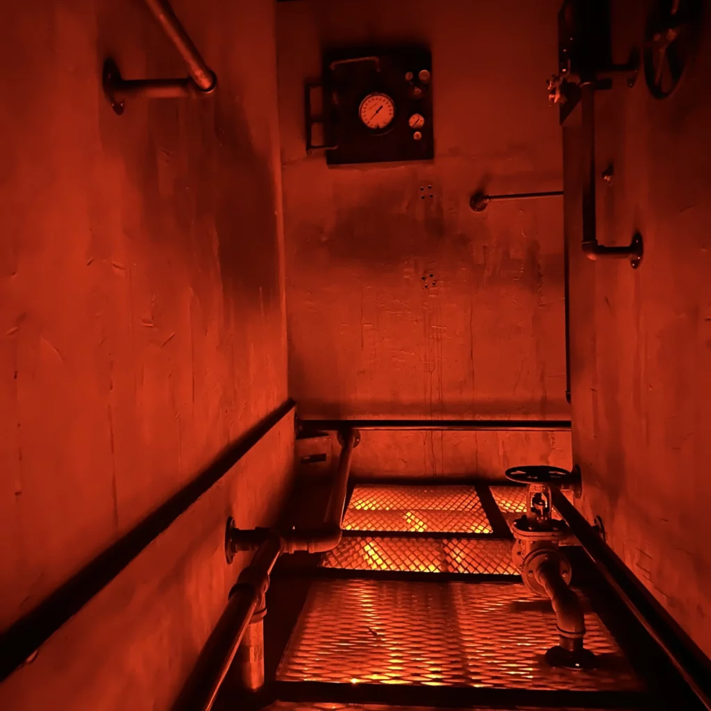 Glowing red room with pipes