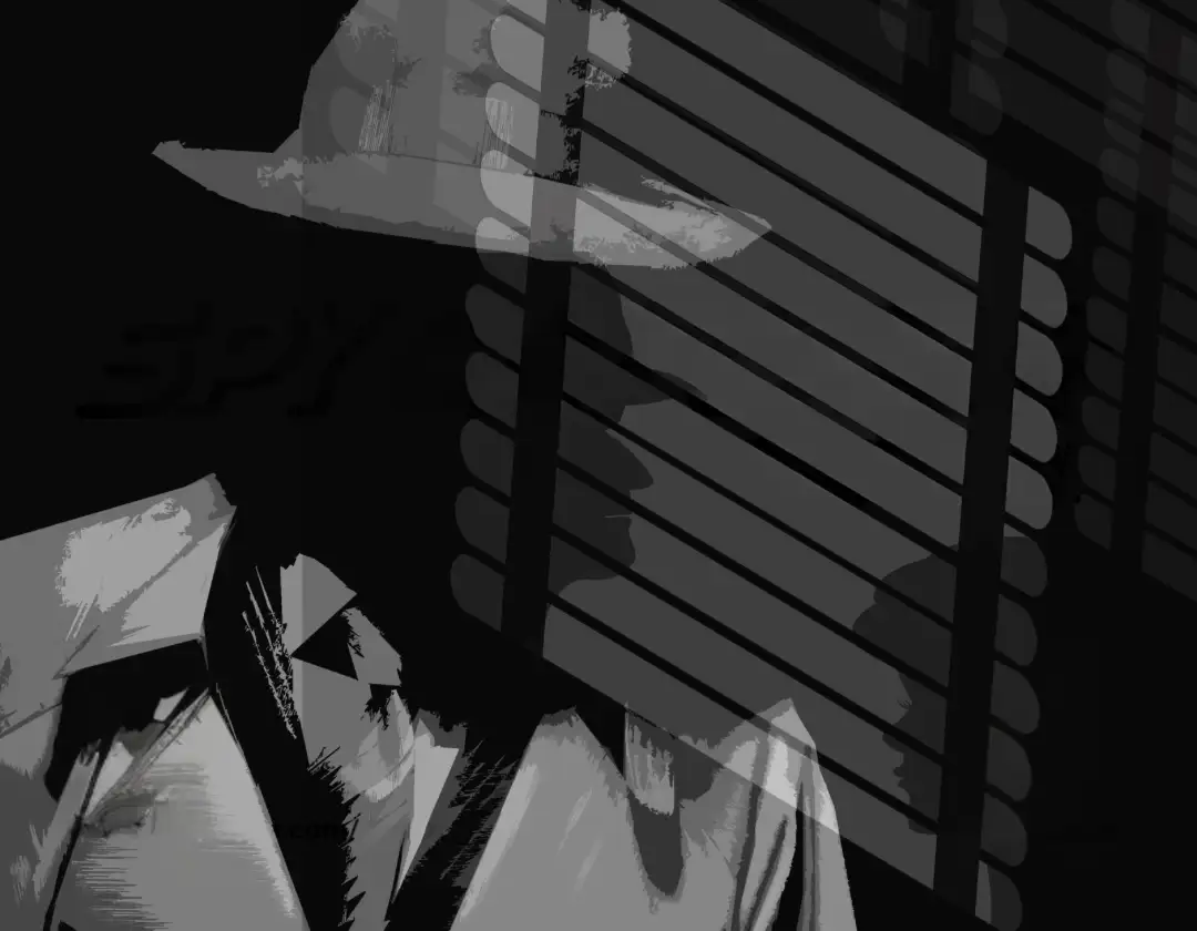 Black and whit drawing of a spy